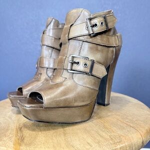 Miss Sixty Brown Peep Toe Platform Heeled Booties with Buckle Straps | Size 36.5